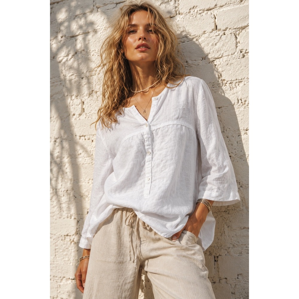Eileen Fisher White Irish Linen Split Neck Tunic Top Lagenlook Size M